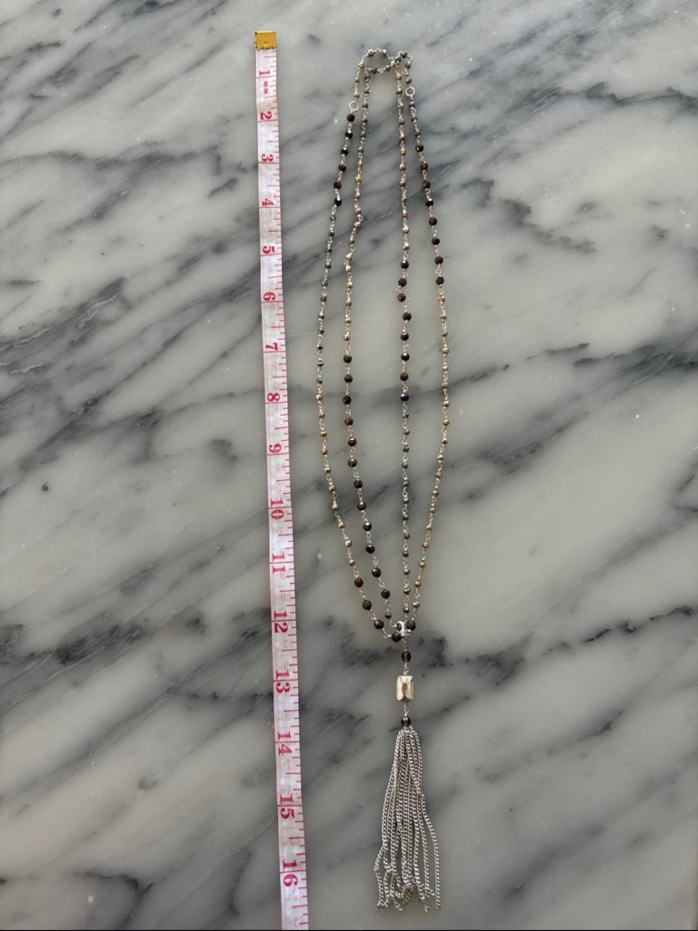 Stella & Dot Silver and Brown Beaded Tassel Necklace